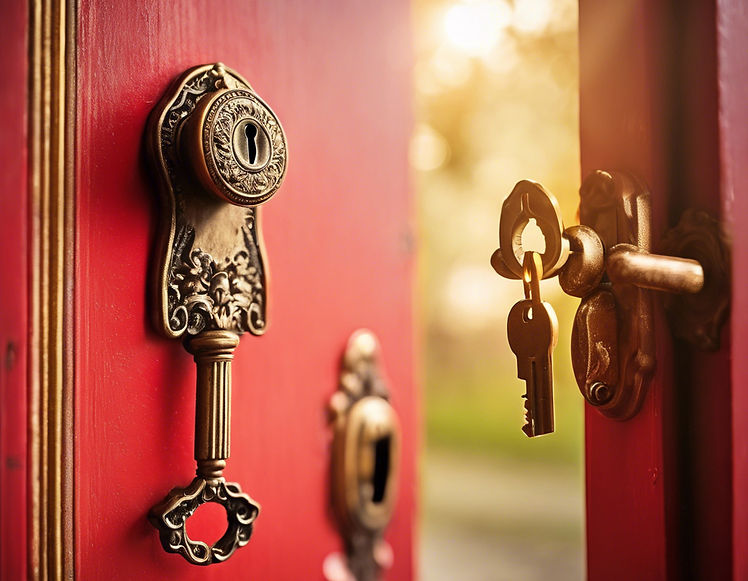 a red antique style unlocked door with sunlight shining in through the open door with anti