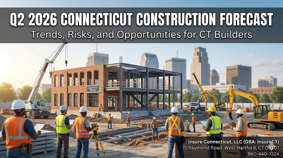 Construction site with workers in hard hats and vests, cranes, and a building labeled "Adaptive Reuse." City skyline in background. Text: Q2 2026 CT Construction Forecast.
