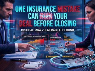Business meeting with two serious individuals in suits, reviewing documents. Highlighted text: "One insurance mistake can ruin your deal."