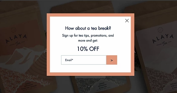 Esempio di lightbox con sconto sul sito di Alaya Tea
