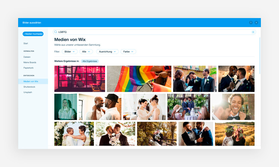 Ansicht der Medienverwaltung von Wix mit kostenlosen Bildern der LGBTQ+ Community