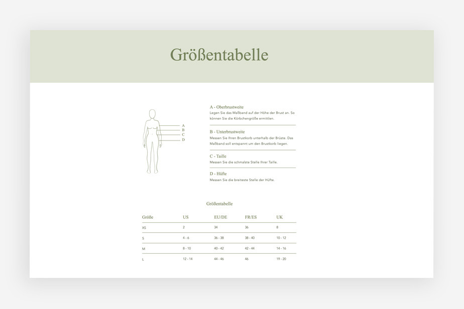 Ansicht einer Größentabelle als Beispiel für genaue Angaben in Produktbeschreibungen