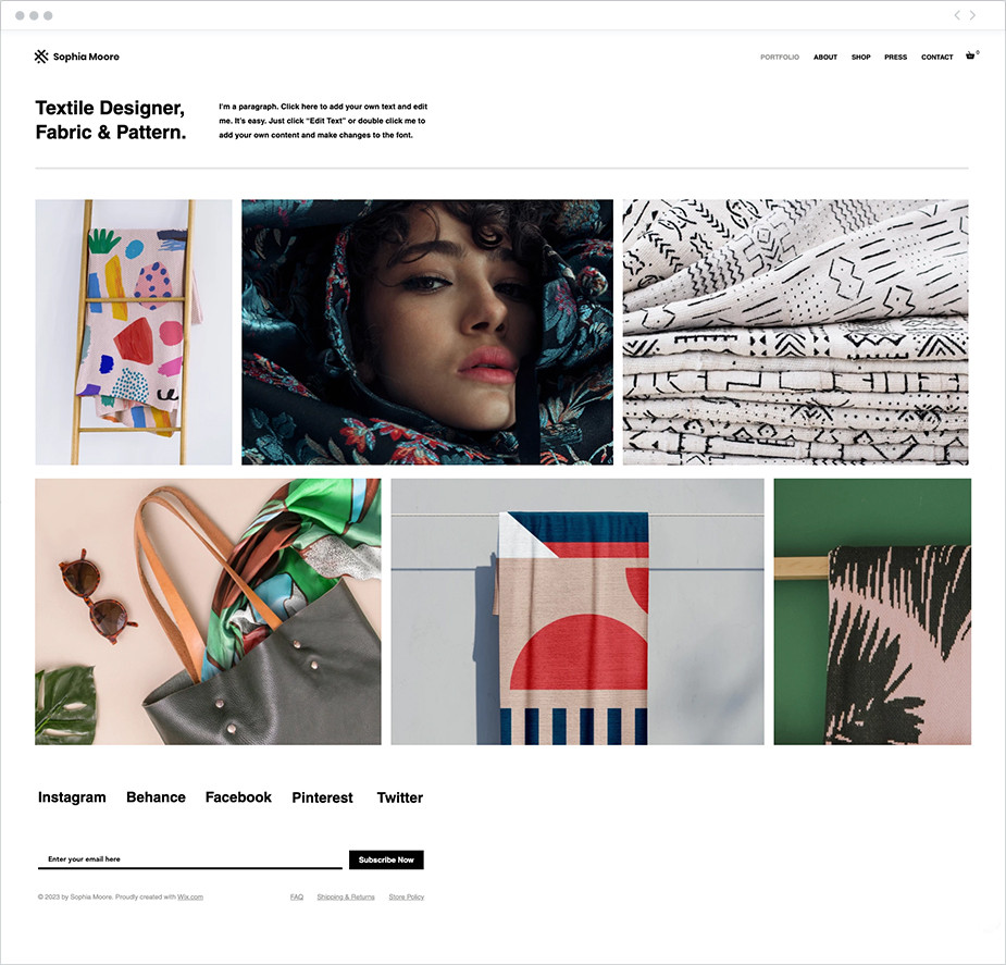 Template sito web per designer tessile