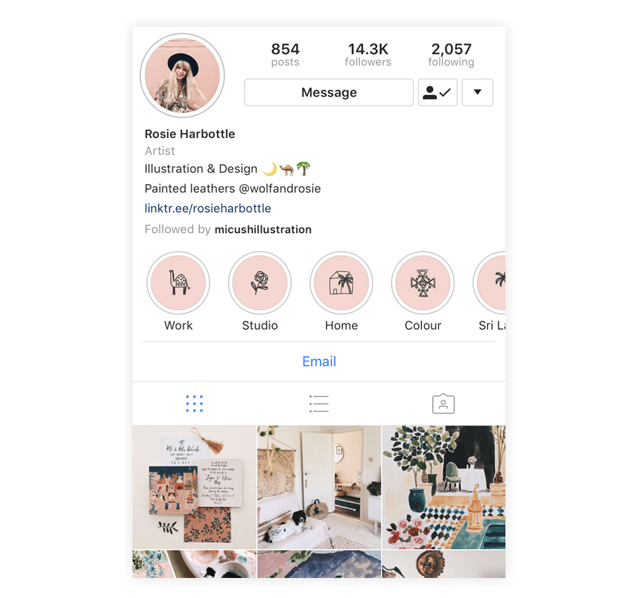 An example of how to craft your Instagram Story Highlights and profile to match your brand and style