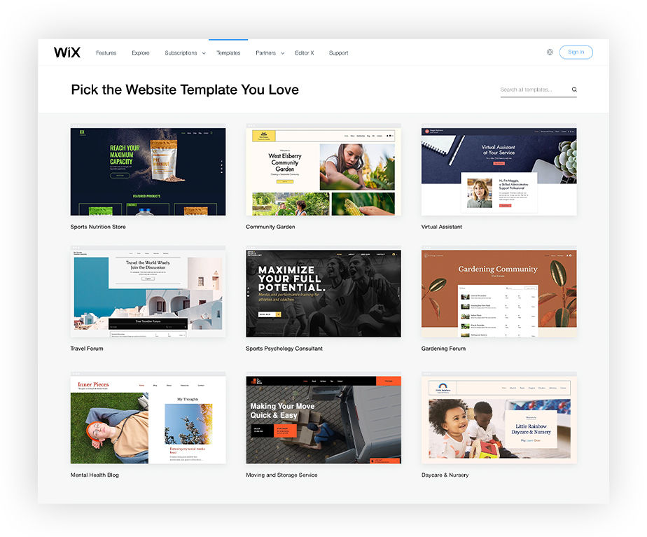 Ansicht verschiedener Websitevorlagen von Wix