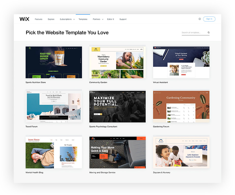 Ansicht verschiedener Websitevorlagen von Wix