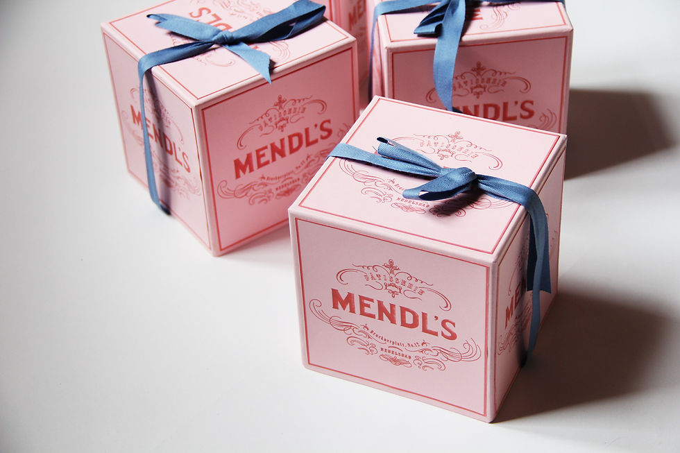 Mendl's box. Graphic design for film by Annie Atkins. For Wes Anderson's The Grand Budapest Hotel.