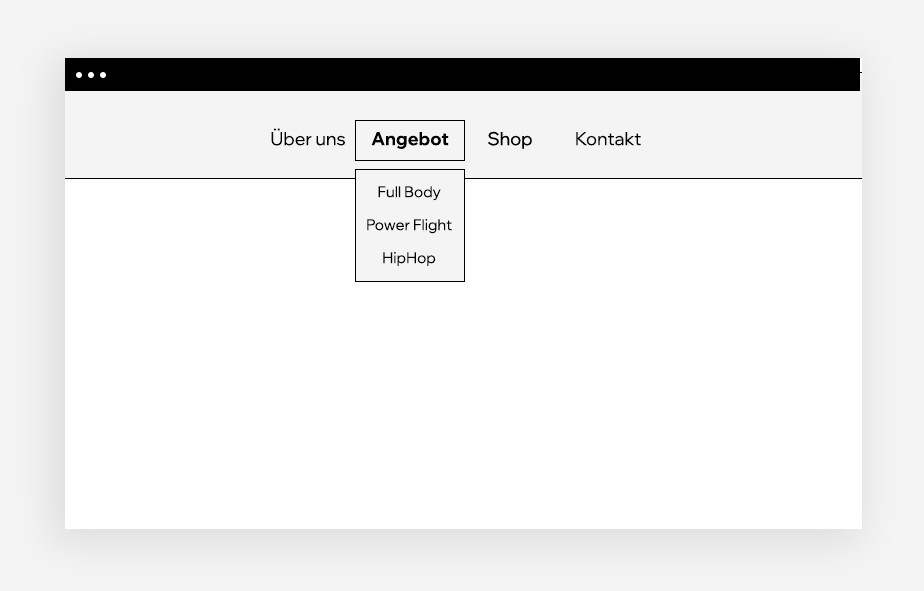 Ansicht eines Dropdown-Menüs auf einem leeren Website-Mockup