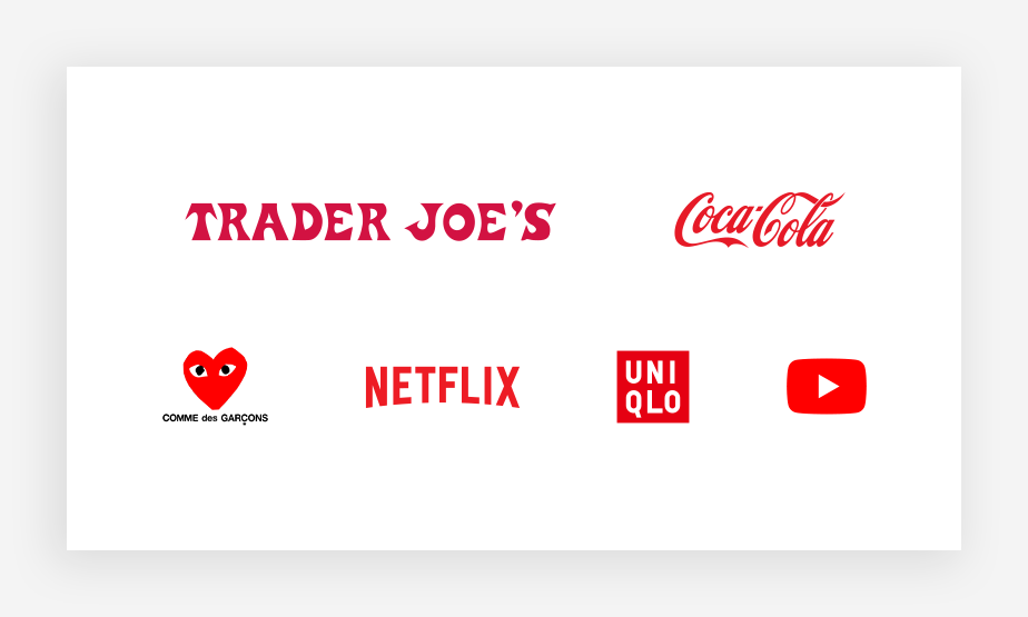 Exemplos de logos vermelhos: Trader Joe's, Coca-Cola, Comme de Garçons, Netflix, Uniqlo e Youtube
