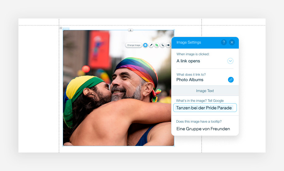 Ausschnitt aus der Medienverwaltung von Wix mit einem Foto eines tanzenden schwulen Paares bei der Pride Parade