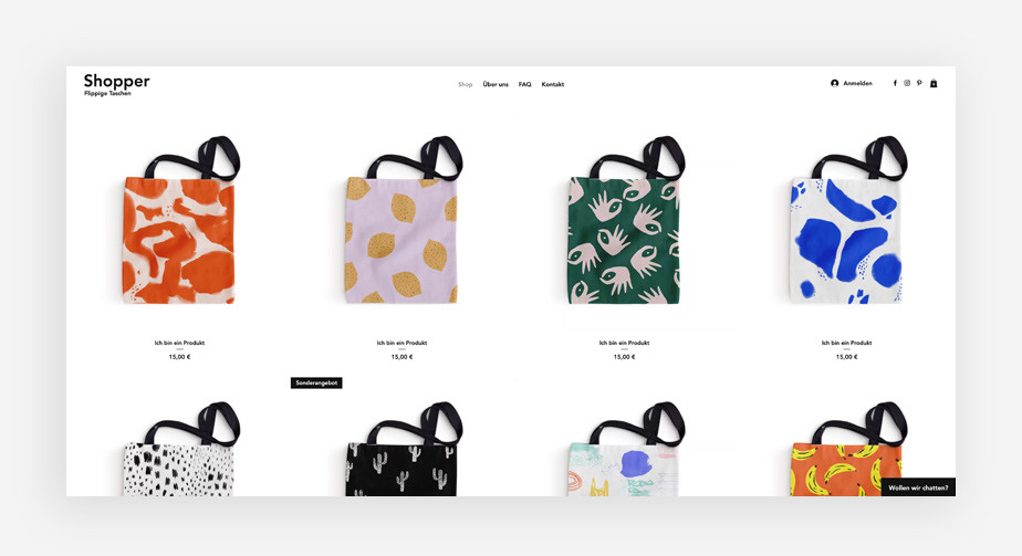 Produktseite eines Online-Shop Templates von Wix als Beispiel für Online Shop Optimierung
