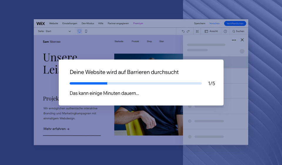 Ansicht des Wizard für Barrierefreiheit im Editor von Wix mit einer Website dir gerade auf Barrieren durchsucht wird