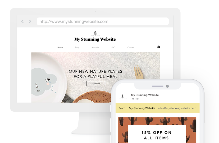 Zeigt eine Website auf dem Desktop und Smartphone mit personalisierter Domain und E-Mail-Adresse