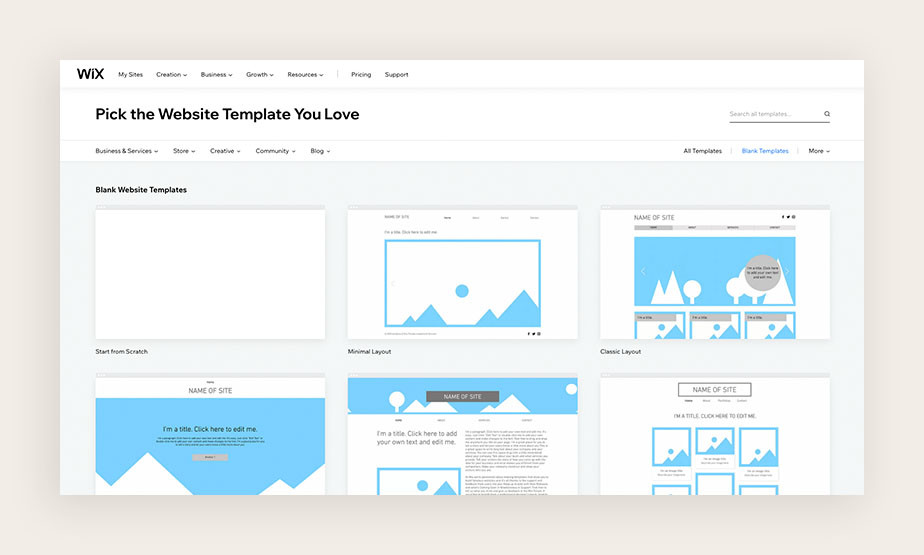 Ansicht leerer Website Templates von Wix