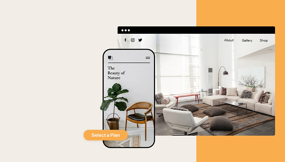 Ansicht einer Website mit Möbeln auf dem Desktop und Smartphone