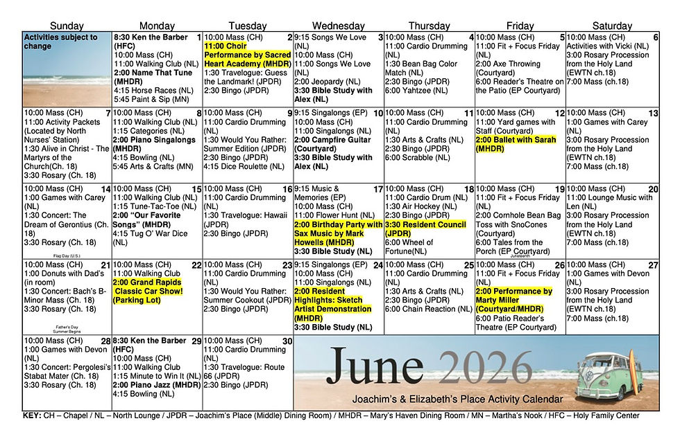 Joachim's Place & Elizabeth's Place June Activities Calendar