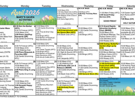 Mary's Haven April Activities Calendar