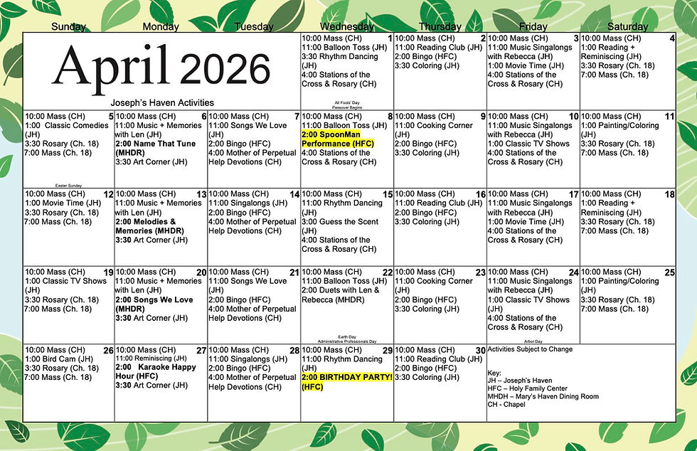 Joseph's Haven April Activities Calendar