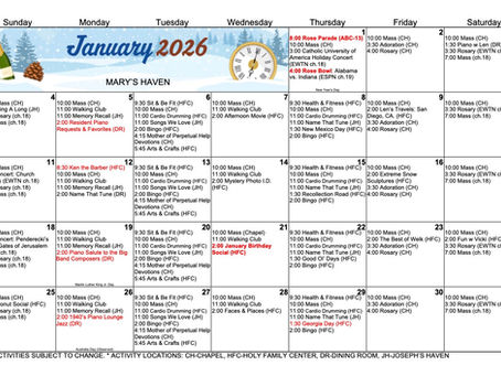 Mary's Haven January Activities Calendar