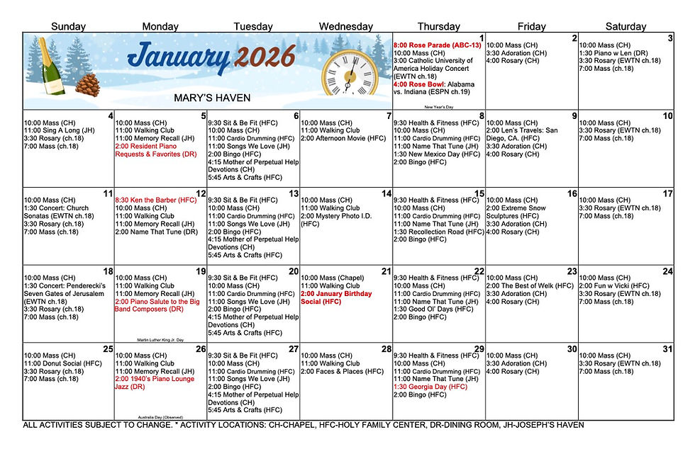 Mary's Haven January Activities Calendar