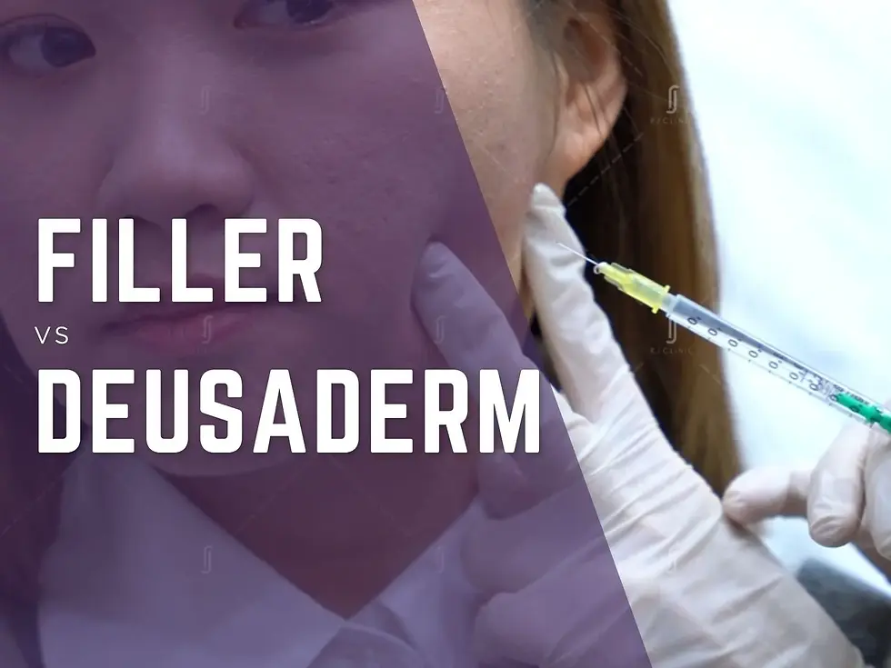 RJ Clinic comparison of Filler vs Deusaderm for natural facial rejuvenation and under-eye treatment in Kuala Lumpur.