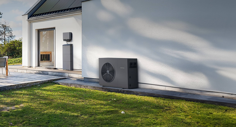 Modern home exterior with a heat pump unit on the lawn. White walls, large window, and greenery in the background under a sunny sky.