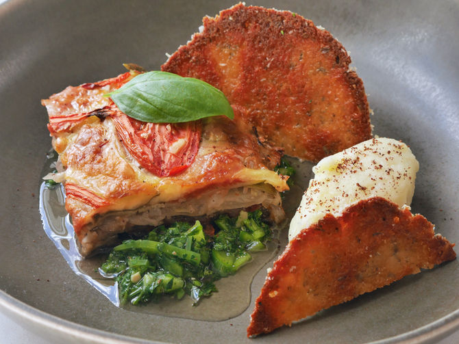 Vegetarian Parmigiana, Tangy Greens, Blue Cheese Biscuit