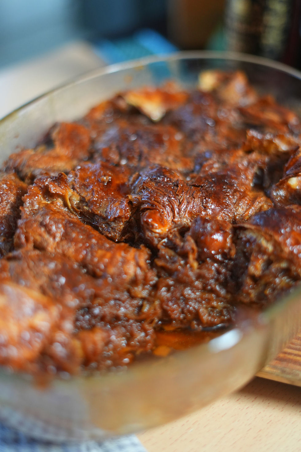 A tray of dark Kvass Croissant Pudding