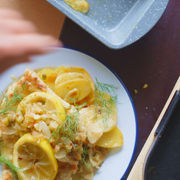 Chicken pickata / piccata on a white plate with sauce and potatoes, and some softened lemon