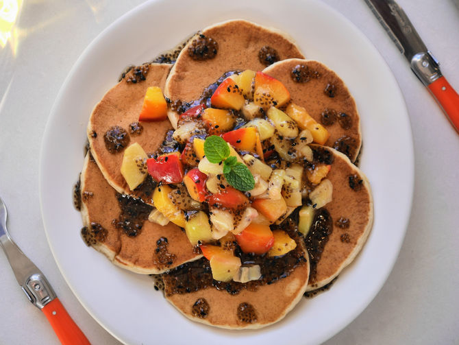 Ricotta and Banana Pancakes, Chia/lime syrup