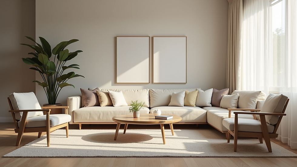 Eye-level view of a beautifully staged living room with neutral colors