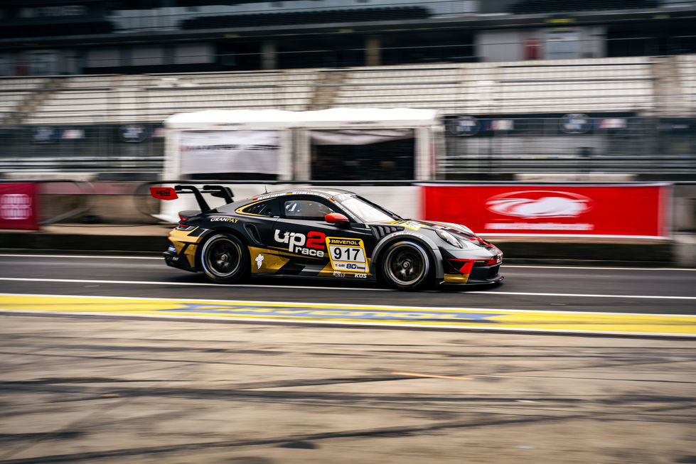 Porsche GT3 RS during NLS race at Nürburgring Nordschleife, leaving the Pit in endurance racing. Up2Race