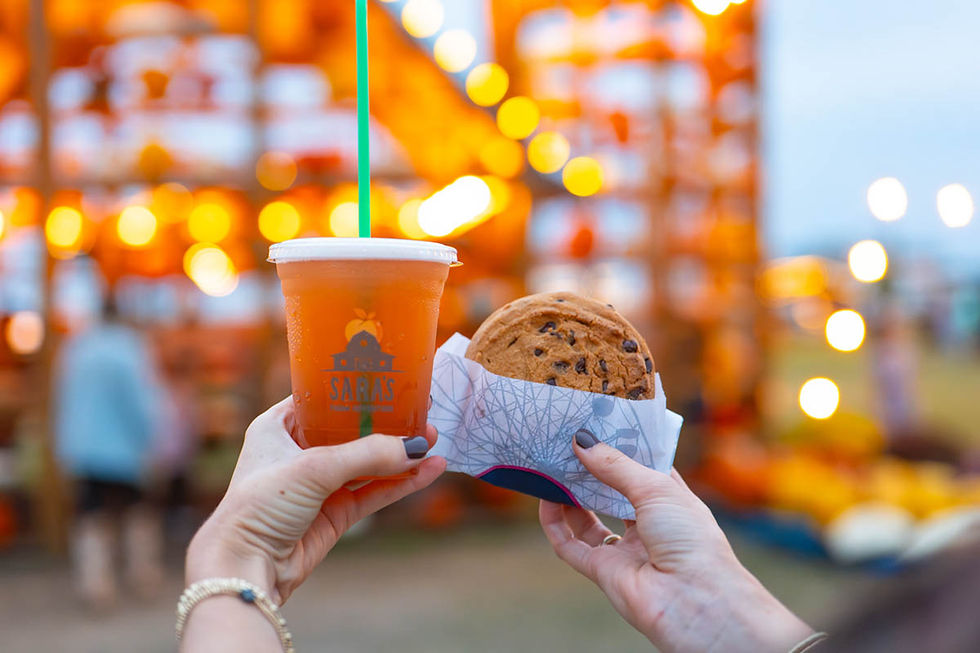 Hands holding an iced tea and a chocolate chip cookie