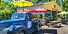 Blue vintage truck parked outside a farm stand with umbrellas.