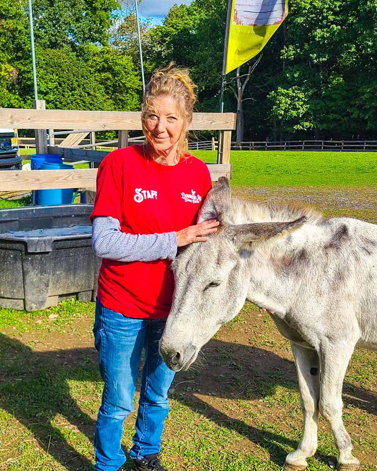 Woman in a red shirt petting a donkey outdoors