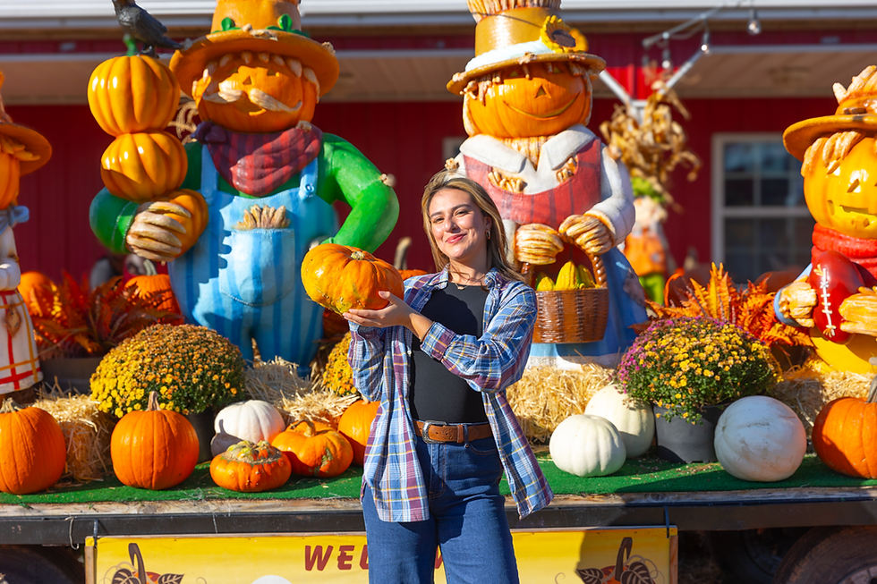 Woman holding a pumpkin in front of a pumpkin display