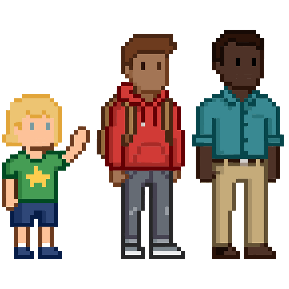 Pixel art of three diverse characters standing together