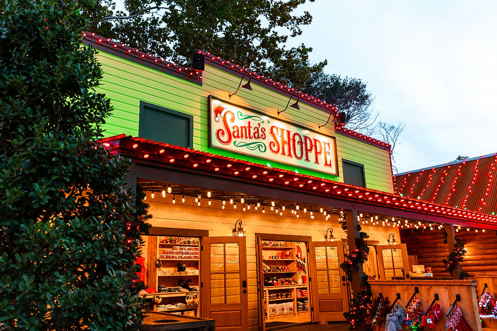 Santa's Shoppe decorated with festive Christmas lights.