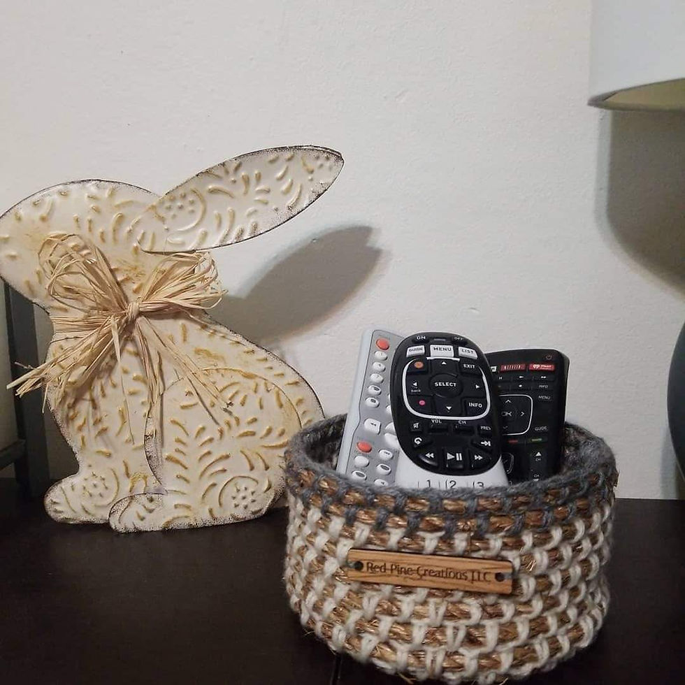 Thumbnail: White with gray stripe at the top round handmade basket to hold your remotes or device cords.