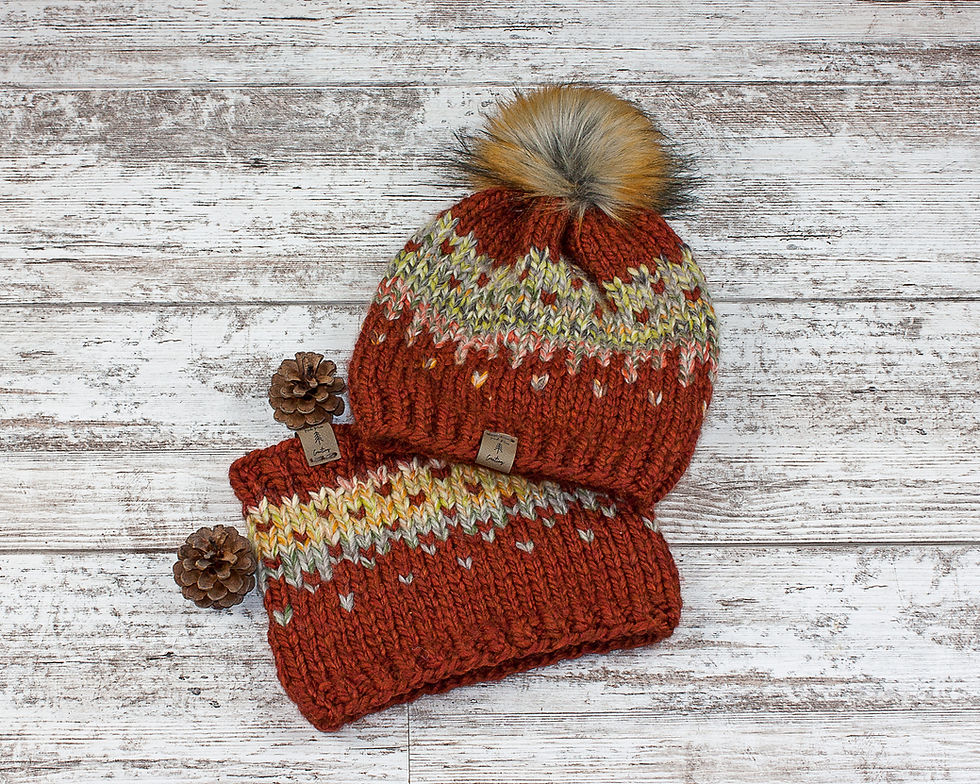 Thumbnail: Burnt Orange with multi color Fair Isle Design beanie and cowl set