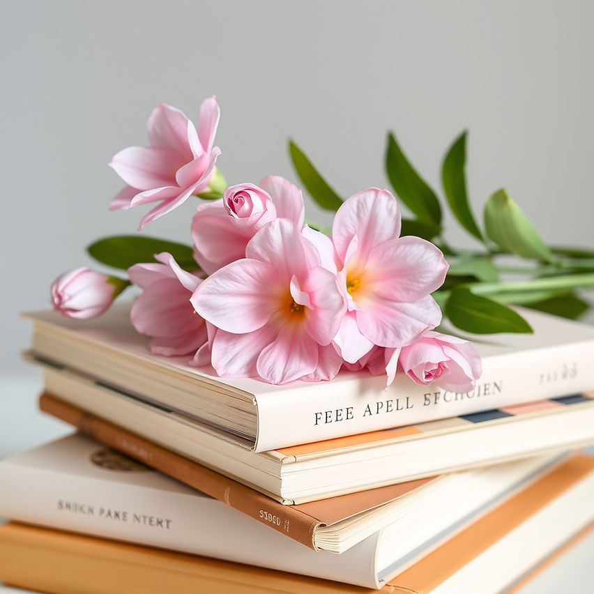 pale pink flowers on a pile of books.jpg
