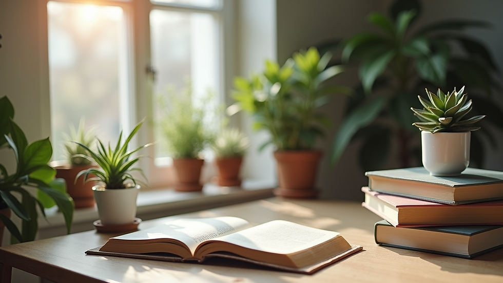 Eye-level view of a cozy home office with plants and wellness books