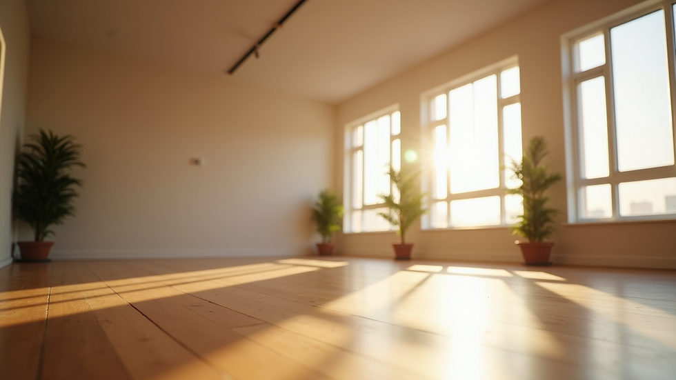 Eye-level view of a serene yoga studio with natural light