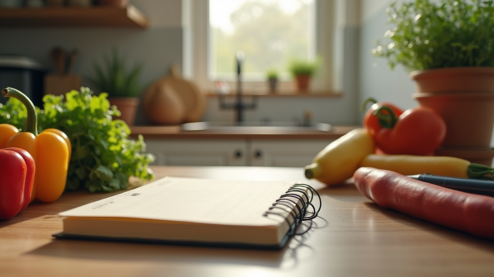 Eye-level view of a cozy kitchen with fresh vegetables and a notebook
