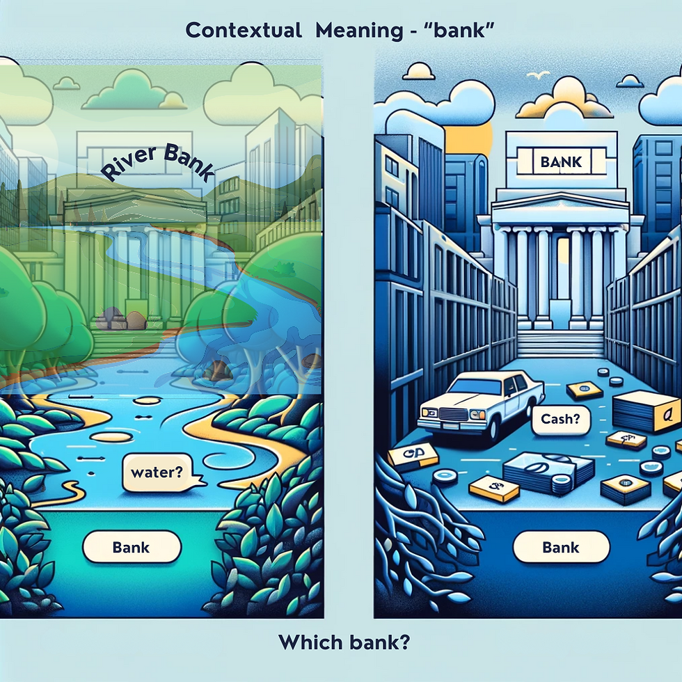 This edited Dall-E generated image illustrates the concept of 'Contextual Meaning' using the word 'bank.' On the left, a serene river bank scene is depicted, with lush greenery, flowing water, and a classical Greek-style building in the background, representing the natural meaning of 'river bank.' On the right, the urban interpretation of 'bank' is portrayed with a financial institution among city skyscrapers, money symbols, and a vault truck, encapsulating the monetary aspect of 'money bank.' A question, 'Which bank?' unifies both contexts, emphasizing the duality of the word 'bank' depending on its use in language, thereby showcasing the capability of Large Language Models to discern word meanings from context.
