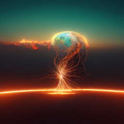 An artistic representation of a planet with human-like features undergoing a dramatic transformation. The planet appears to be bursting with energy, with a core explosion emanating from its center, reaching outwards to its surface and beyond. Radiant beams of light and energy stream downwards, grounding the planet to an unseen base. The upper hemisphere of the planet is bathed in an ethereal glow, suggesting a sunlit atmosphere, contrasting with the fiery turmoil below. This scene merges cosmic and human elements, suggesting a theme of creation, evolution, or rebirth on a universal scale.