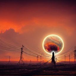AI generated. In a dystopian vision, a solitary silhouette stands amidst a desolate landscape strewn with electrical towers, their lines hanging limp like weary sentinels. The sky is ablaze with a brooding, crimson hue, casting an ominous glow over the scene. At the center, a radiant orb pulsates with life, its core afire with explosive energy while the outer shell appears as a delicate veil of light. This radiant sphere hovers above the ground, its perimeter clear against the darkened earth. The stark contrast between the silhouette and the vivid backdrop suggests a narrative of solitude and resilience in the face of a foreboding, yet mesmerizing cosmic event.