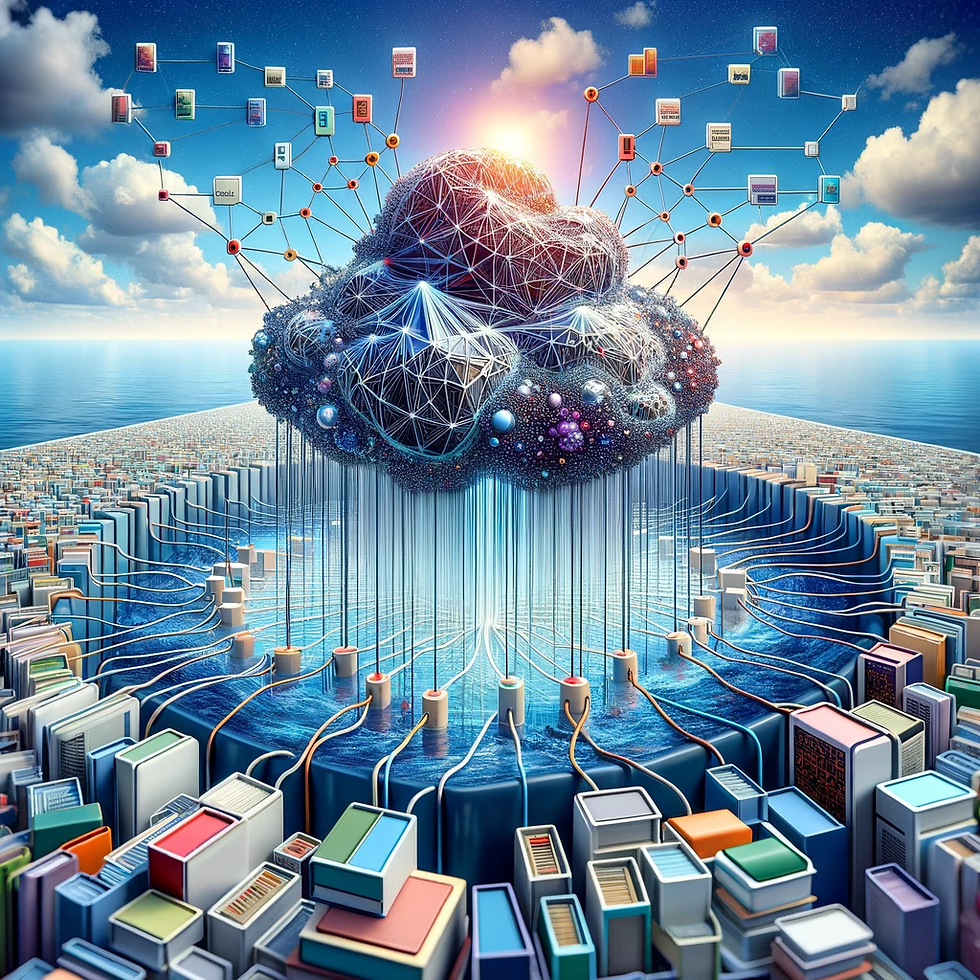 An intricate visual representation of the training process in Large Language Models. The image features a central, sponge-like neural network structure, symbolizing the LLM, surrounded by an expanse of text sources including books, articles, and web pages. The network is depicted as absorbing information from these texts, shown through streams of data flowing into it. This flow represents the unsupervised learning process, with the LLM discerning language patterns. Interconnected nodes and circuits within the network illustrate the adjustment of internal parameters, enhancing the model's word prediction capabilities. The background blends technological and educational themes, emphasizing the massive scale of textual data used for training LLMs.