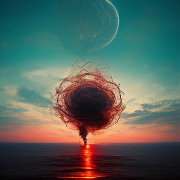 A celestial entity, reminiscent of a planet with a textured surface, hovers above a calm ocean at sunset. A massive, intricate tangle of energy, resembling a woman's hair, unravels from the planet towards the heavens, against the backdrop of a dusky sky. The lower part of the energy swirl dips into the ocean, creating a luminous reflection that trails back to the horizon. Above, a crescent moon hangs in the twilight, adding to the otherworldly ambiance. The overall effect is one of cosmic elegance and enigmatic beauty, blending elements of nature with the surreal