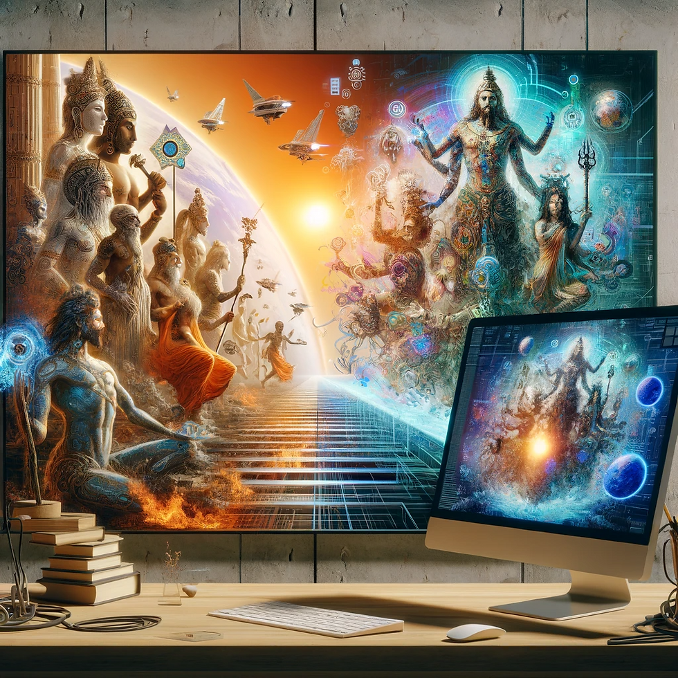 The image is a digital artwork that depicts a juxtaposition of ancient mythological figures with futuristic elements. On the left, detailed statues of Hindu deities are shown in various poses, with the central figure holding traditional symbols and appearing to emerge from flames at the base. To the right, this scene transitions into a cosmic tableau with a central figure reminiscent of a deity surrounded by intricate mechanical parts and celestial bodies, blending organic and machine aesthetics. Below this figure, a contemporary workspace featuring a computer monitor is displaying a vivid, swirling galaxy, tying the mystical and technological themes together. The artwork merges themes of ancient spirituality and advanced technology, suggesting a bridge between past wisdom and future possibilities.